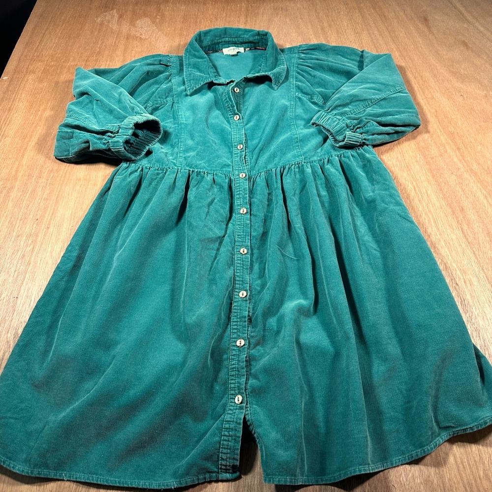 Umgee Corduroy Shirt Dress Women Size S Hunter Green Babydoll Long Sleeve B8275